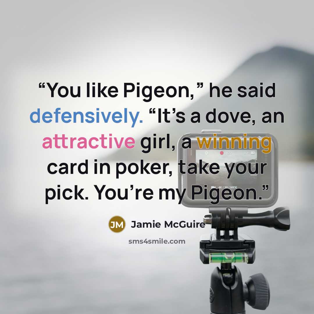 “You like Pigeon,” he said defensively. “It’s a dove, an attractive girl, a winning card in poker, take your pick. You’re my Pigeon.” quote by Jamie McGuire