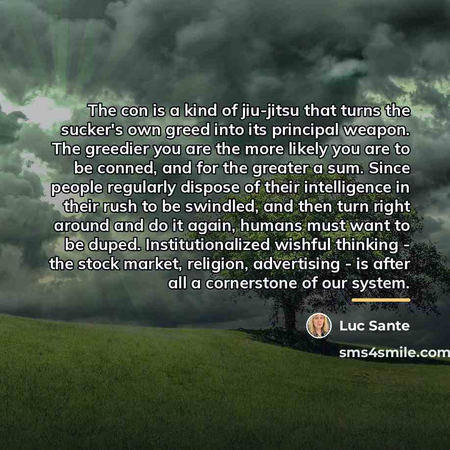 “The con is a kind of jiu-jitsu that turns the…” quote by Luc Sante