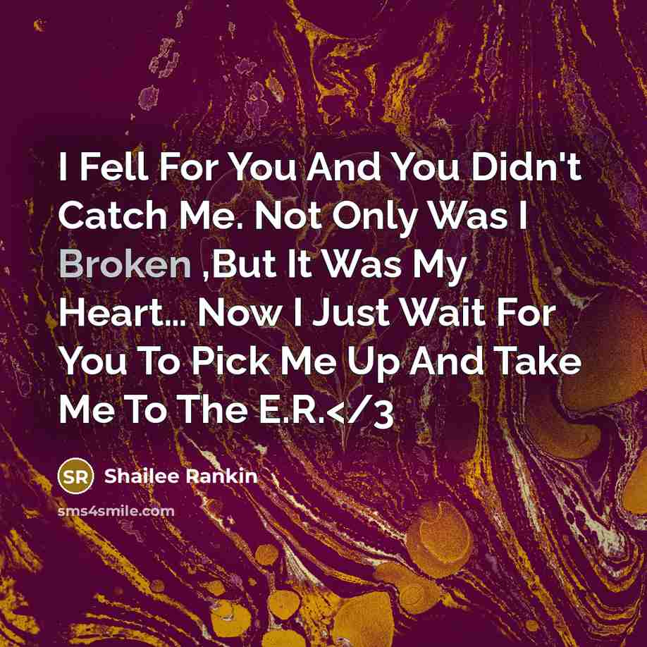 “I Fell For You And You Didn't Catch Me. Not Only Was I Broken ,But It Was My Heart… Now I Just Wait For You To Pick Me Up And Take Me To The E.R.” quote by Shailee Rankin