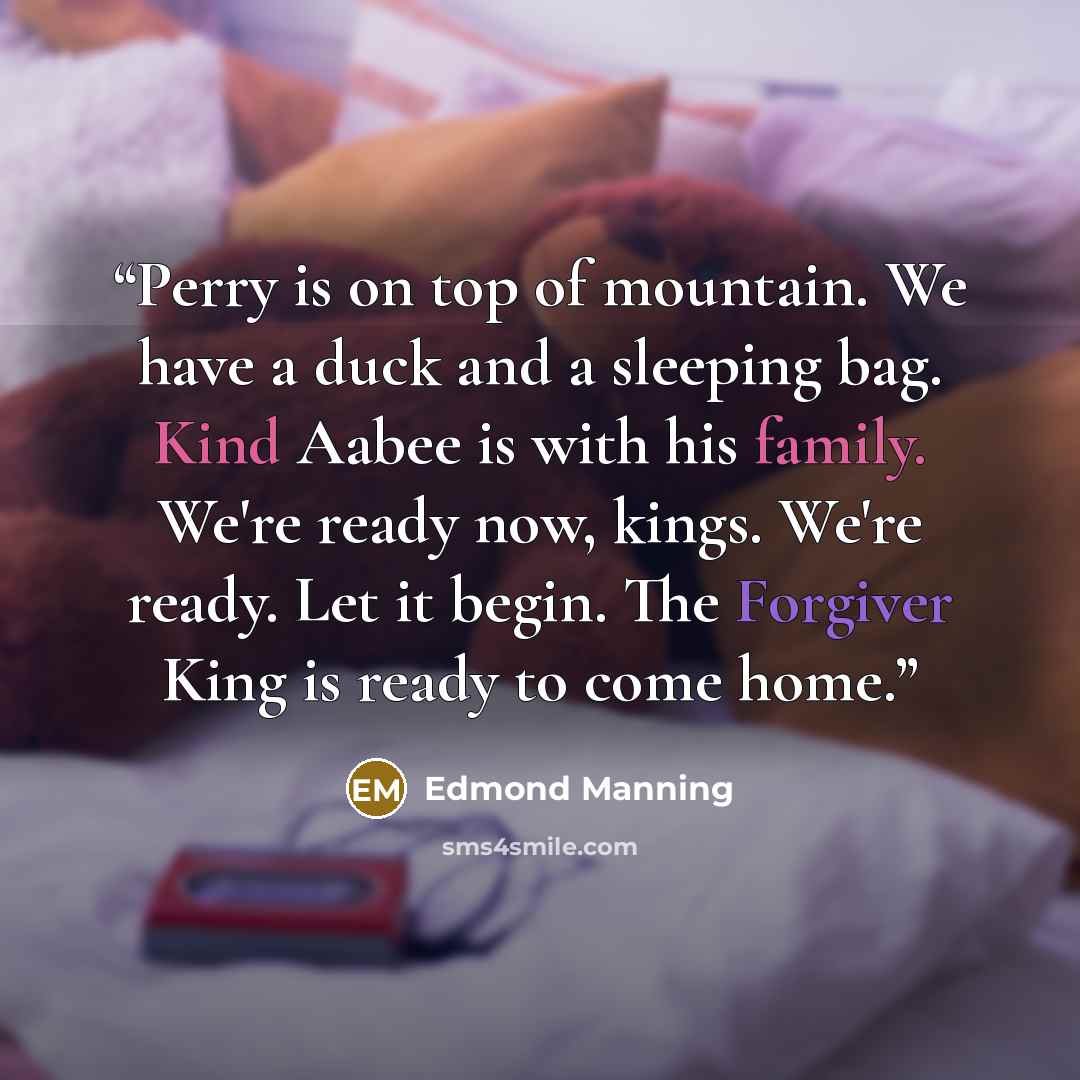 “Perry is on top of mountain. We have a duck and a sleeping bag. Kind Aabee is with his family. We're ready now, kings. We're ready. Let it begin. The Forgiver King is ready to come home.” quote by Edmond Manning