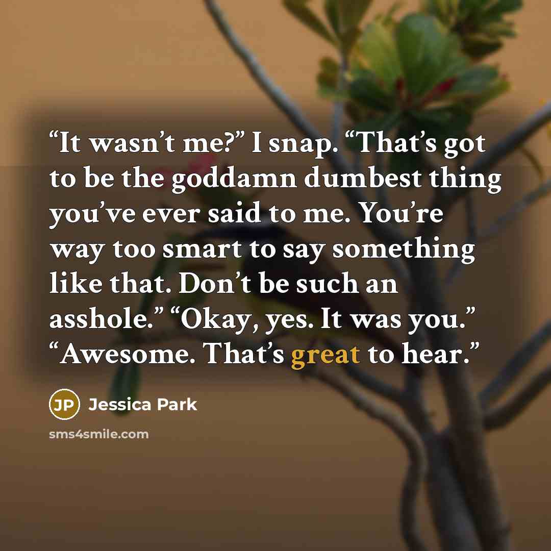 “It wasn’t me?” I snap. “That’s got to be the goddamn dumbest thing you’ve ever said to me. You’re way too smart to say something like that. Don’t be such an asshole.” “Okay, yes. It was you.” “Awesome. That’s great to hear.” quote by Jessica Park