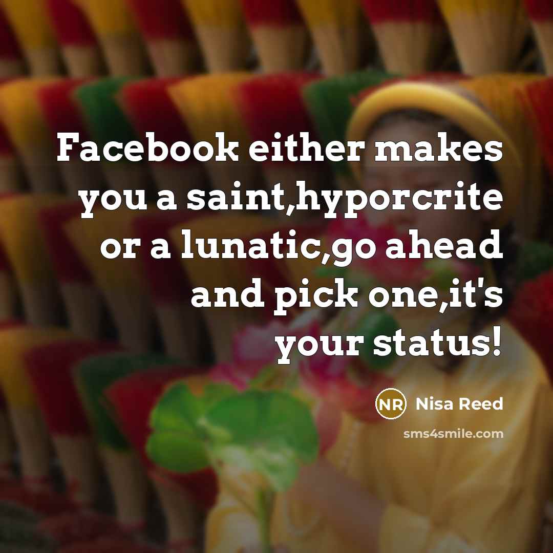“Facebook either makes you a saint,hyporcrite or a lunatic,go ahead and pick one,it's your status!” quote by Nisa Reed