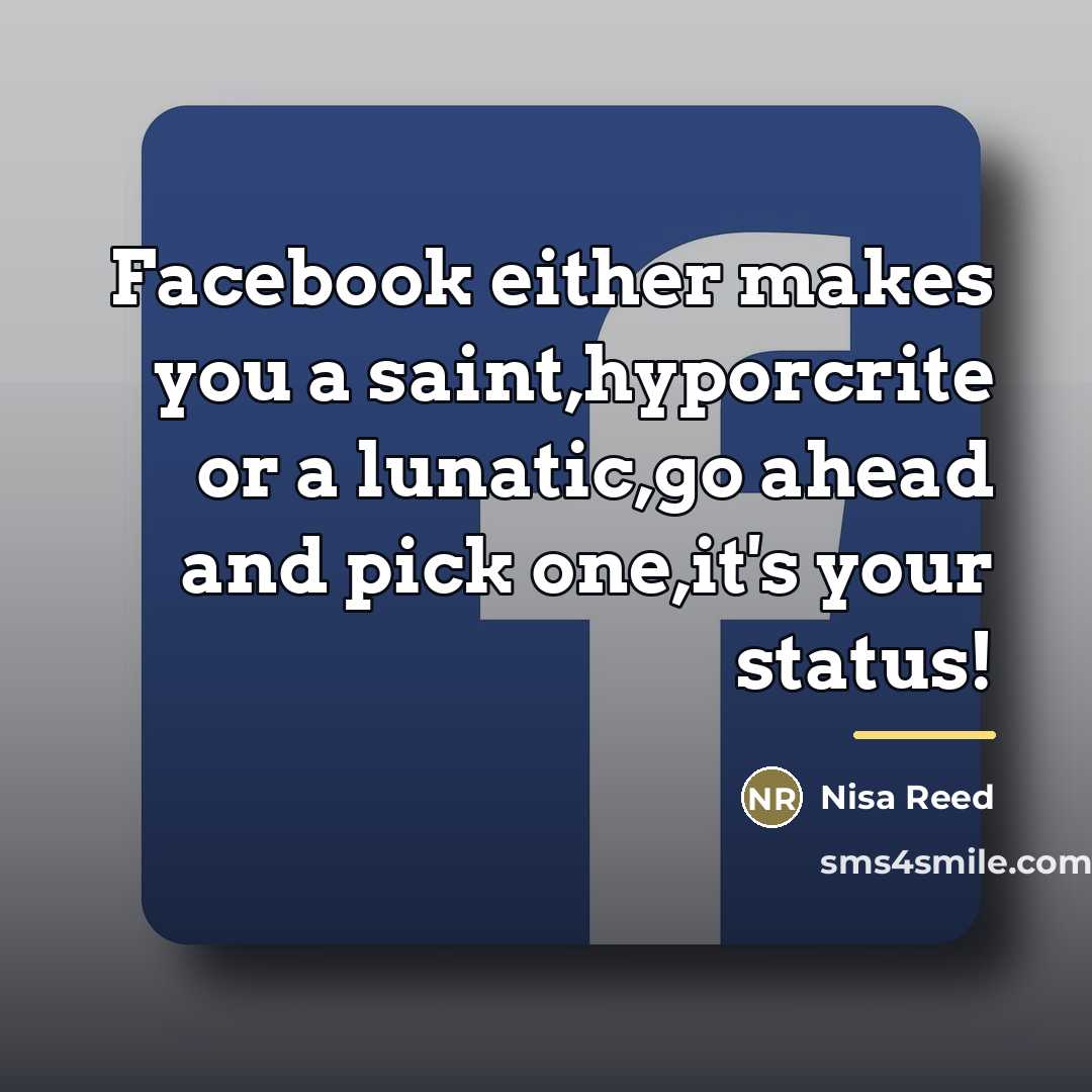 “Facebook either makes you a saint,hyporcrite or a lunatic,go ahead…” quote by Nisa Reed