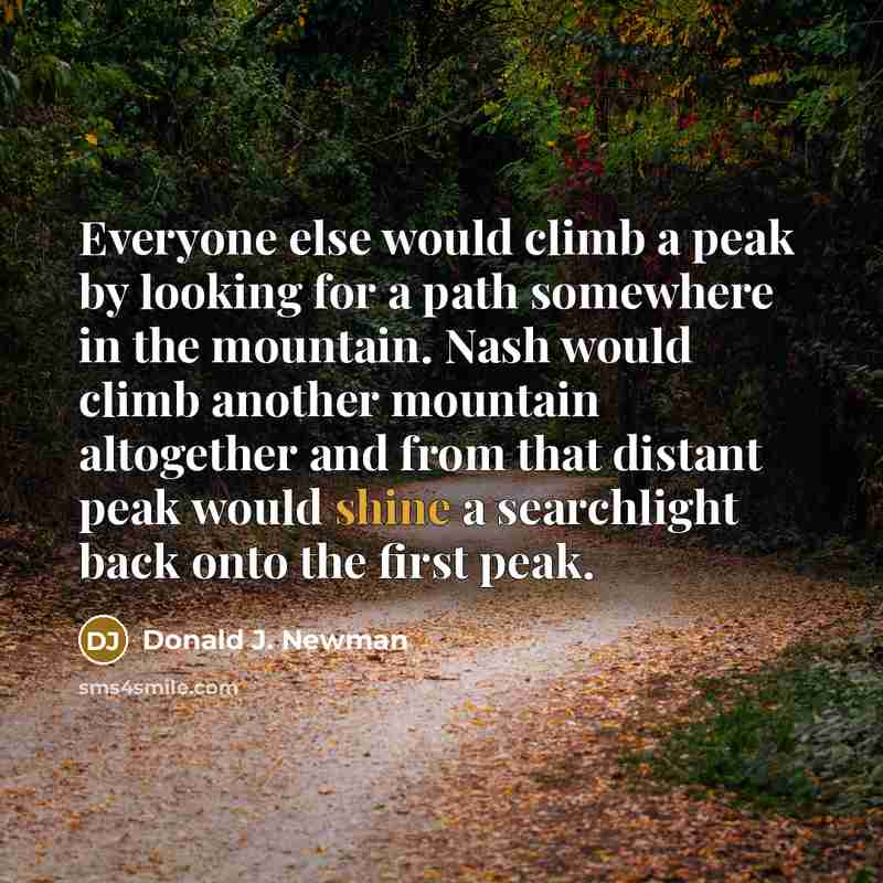“Everyone else would climb a peak by looking for a path somewhere in the mountain. Nash would climb another mountain altogether and from that distant peak would shine a searchlight back onto the first peak.” quote by Donald J. Newman
