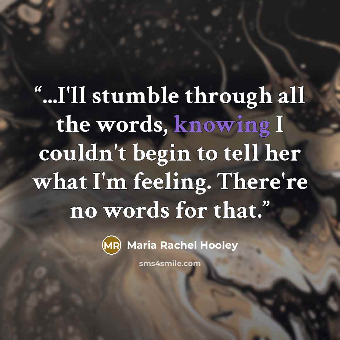 “...I'll stumble through all the words, knowing I couldn't begin to tell her what I'm feeling. There're no words for that.” quote by Maria Rachel Hooley