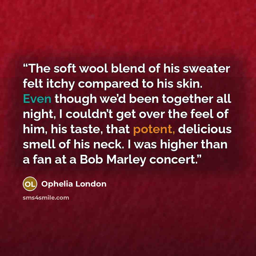 “The soft wool blend of his sweater felt itchy compared to his skin. Even though we’d been together all night, I couldn’t get over the feel of him, his taste, that potent, delicious smell of his neck. I was higher than a fan at a Bob Marley concert.” quote by Ophelia London