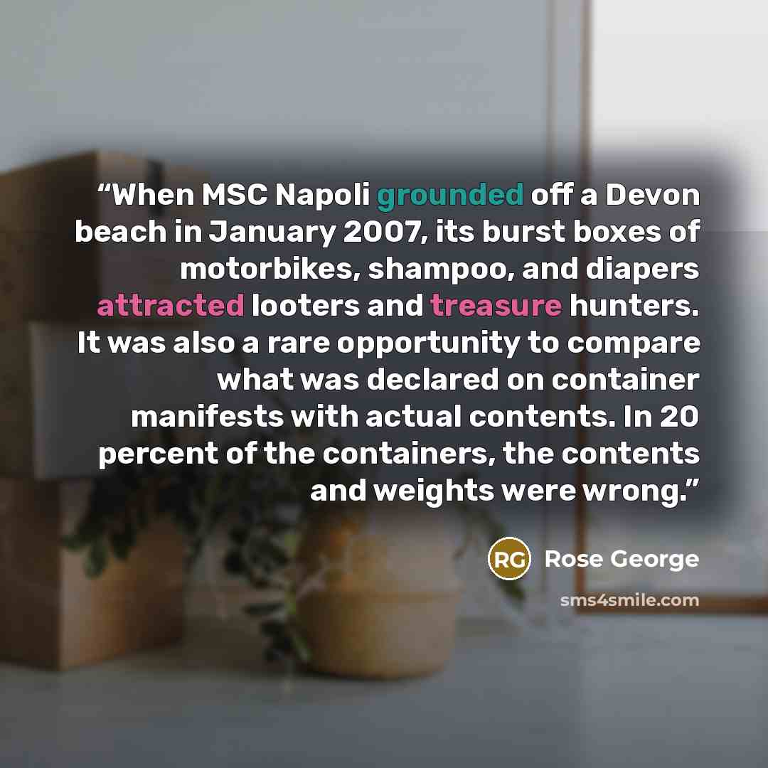 “When MSC Napoli grounded off a Devon beach in January 2007, its burst boxes of motorbikes, shampoo, and diapers attracted looters and treasure hunters. It was also a rare opportunity to compare what was declared on container manifests with actual contents. In 20 percent of the containers, the…” quote by Rose George