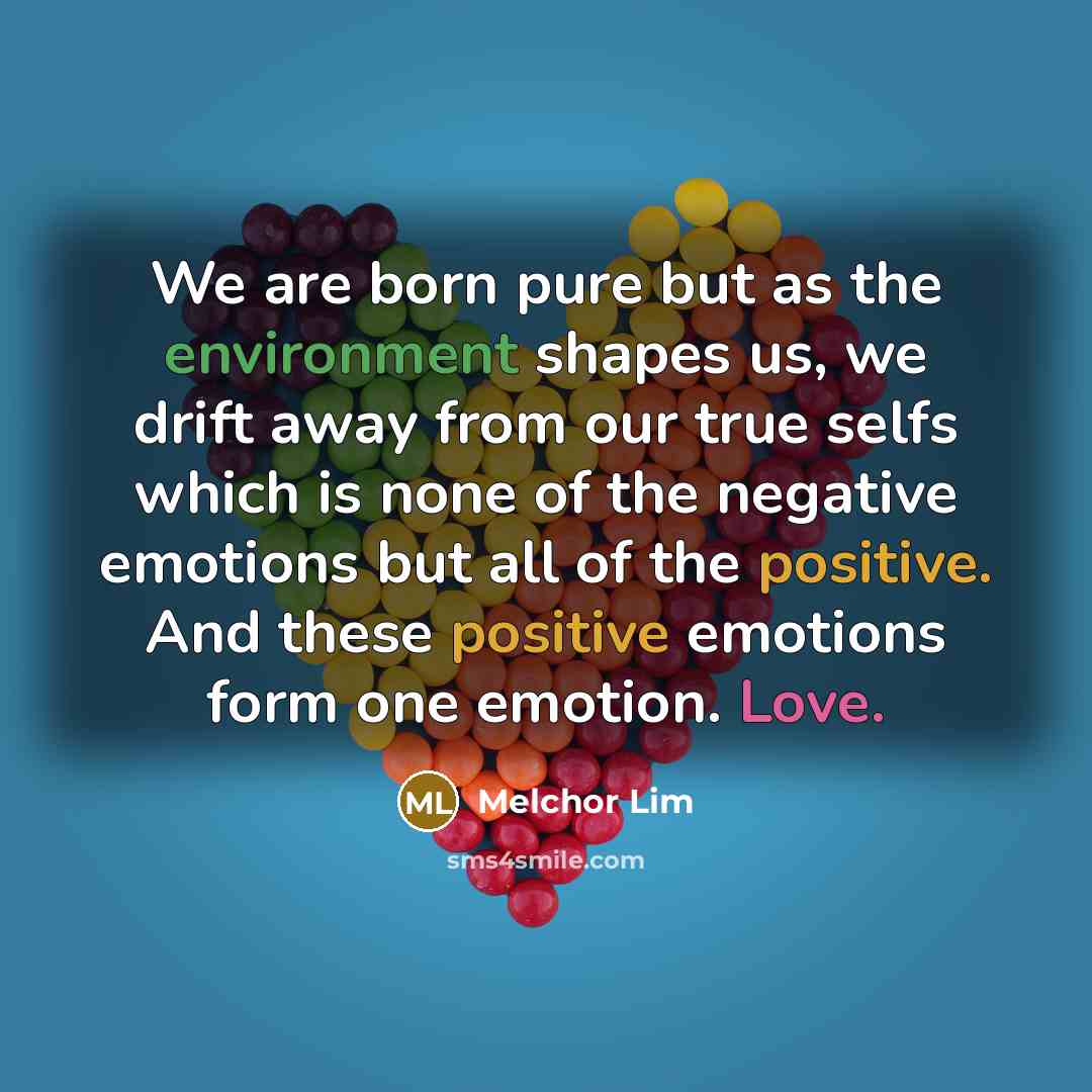 “We are born pure but as the environment shapes us, we drift away from our true selfs which is none of the negative emotions but all of the positive. And these positive emotions form one emotion. Love.” quote by Melchor Lim