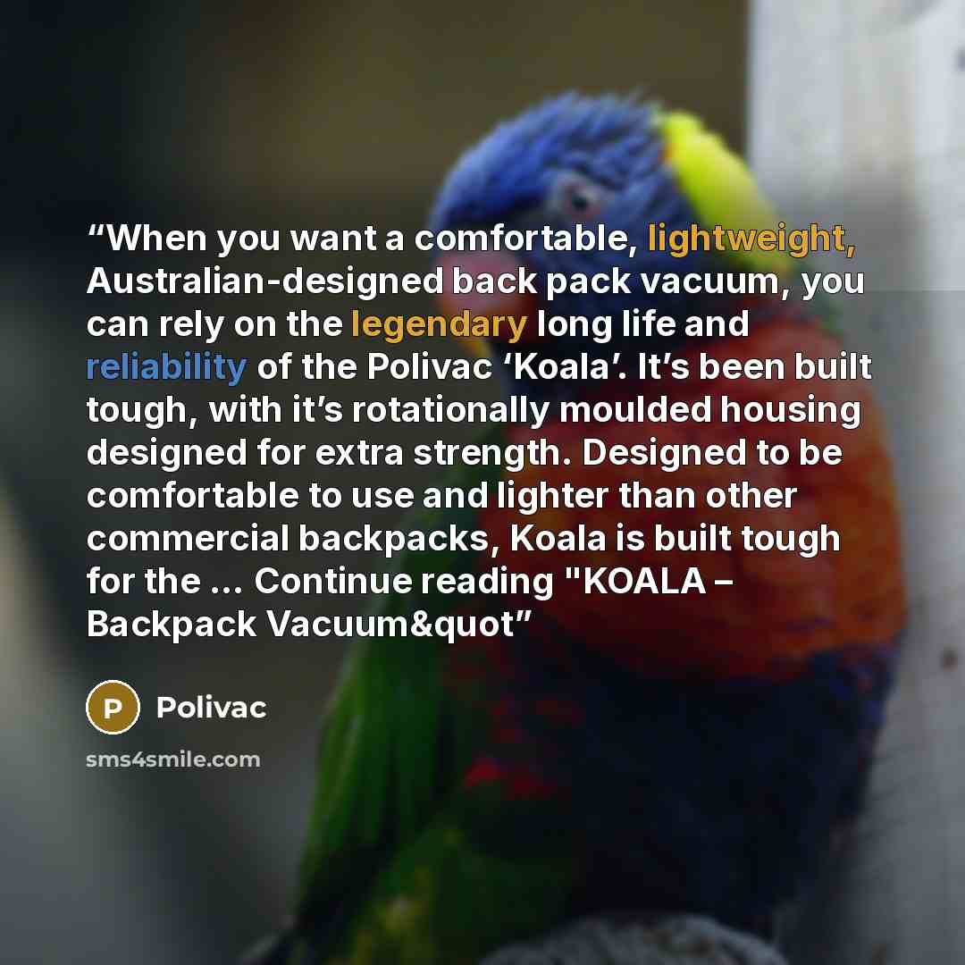 “When you want a comfortable, lightweight, Australian-designed back pack vacuum, you can rely on the legendary long life and reliability of the Polivac ‘Koala’. It’s been built tough, with it’s rotationally moulded housing designed for extra strength. Designed to be comfortable to use and lighter…” quote by Polivac