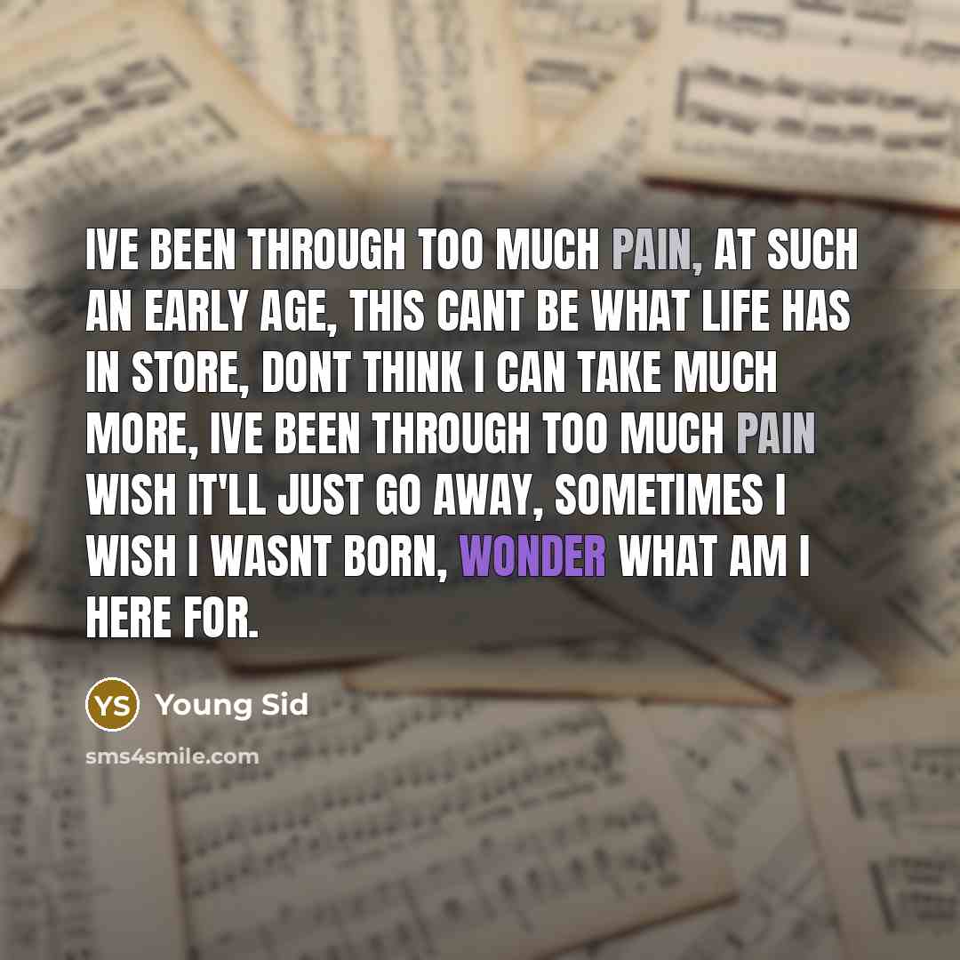 “Ive been through too much pain, at such an early age, this cant be what life has in store, dont think I can take much more, ive been through too much pain wish it'll just go away, sometimes I wish I wasnt born, wonder what am I here for.” quote by Young Sid