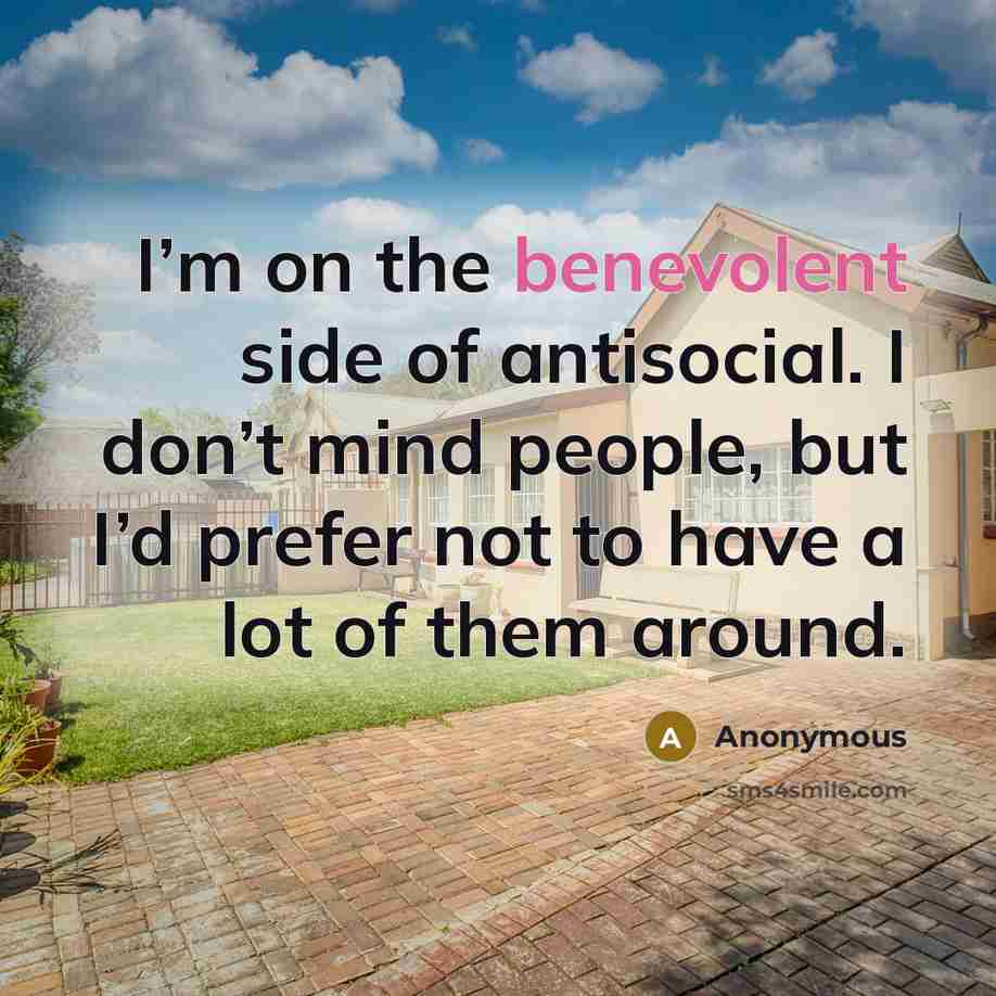 “I’m on the benevolent side of antisocial. I don’t mind…” quote by Anonymous
