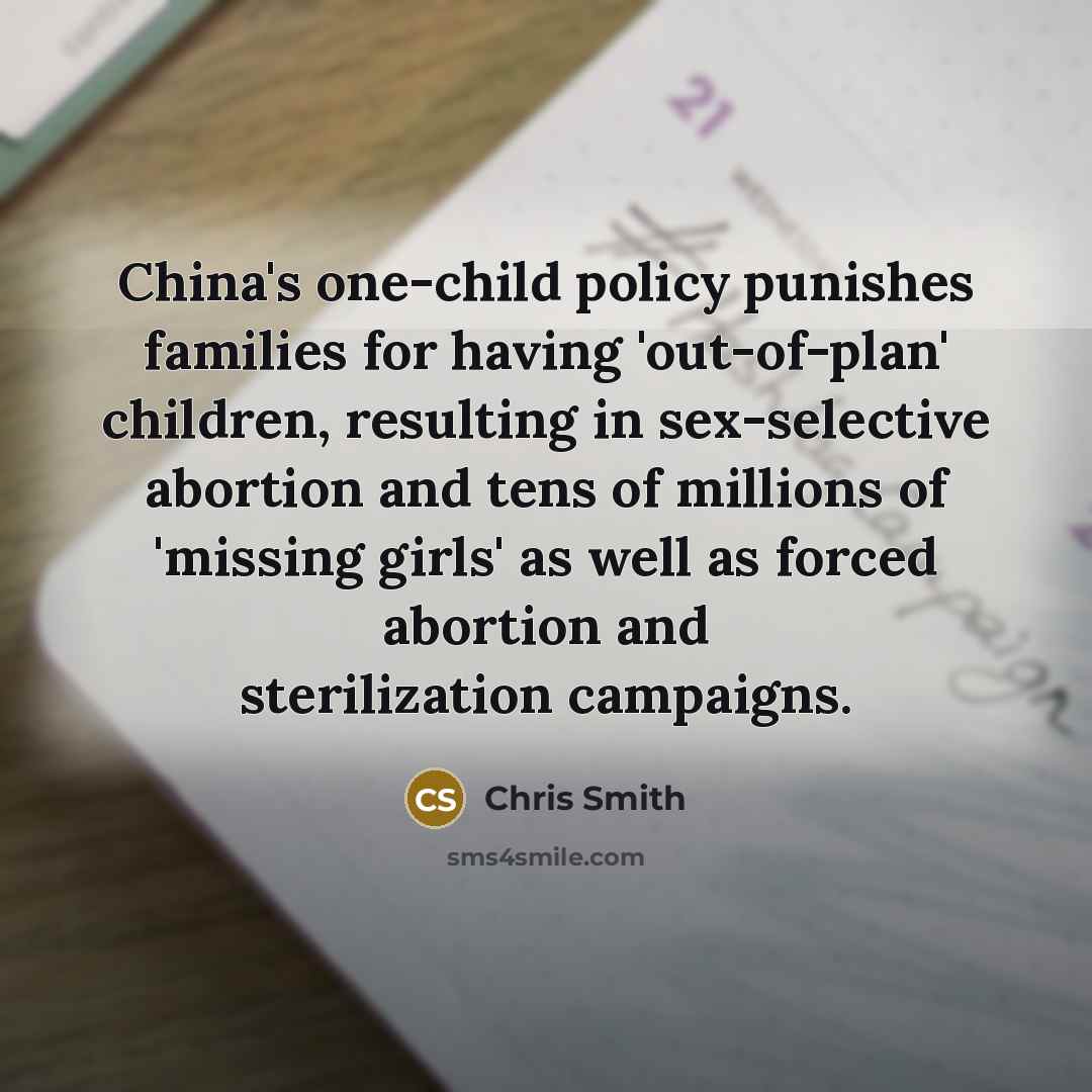 “China's one-child policy punishes families for having 'out-of-plan' children, resulting…” quote by Chris Smith