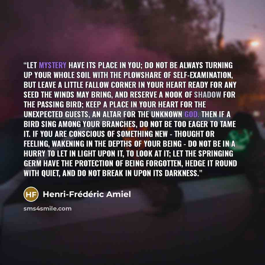 “Let mystery have its place in you; do not be always turning up your whole soil with the plowshare of self-examination, but leave a little fallow corner in your heart ready for any seed the winds may bring, and reserve a nook of shadow for the passing bird; keep a place in your heart for the…” quote by Henri-Frédéric Amiel
