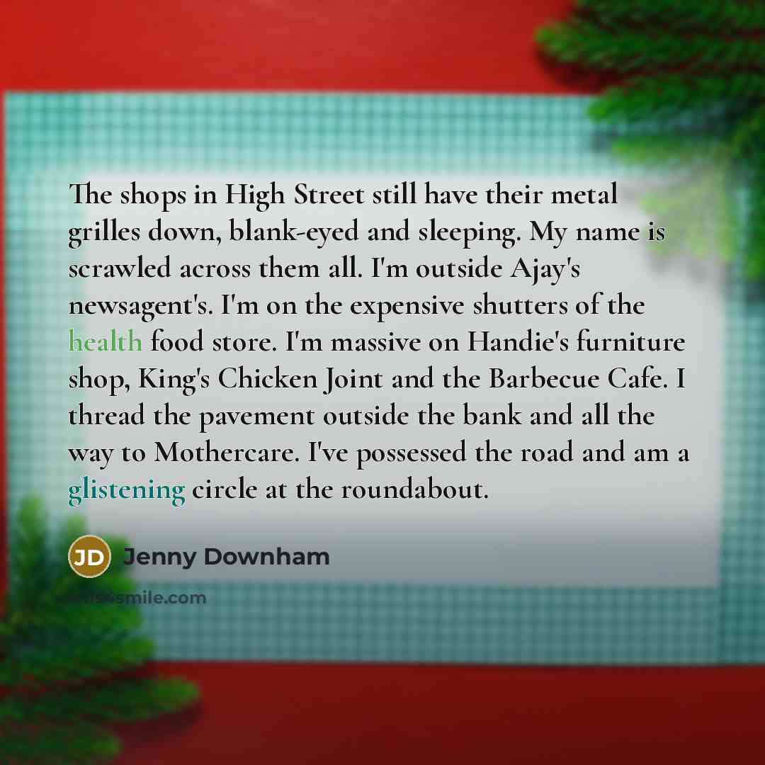 “The shops in High Street still have their metal grilles…” quote by Jenny Downham