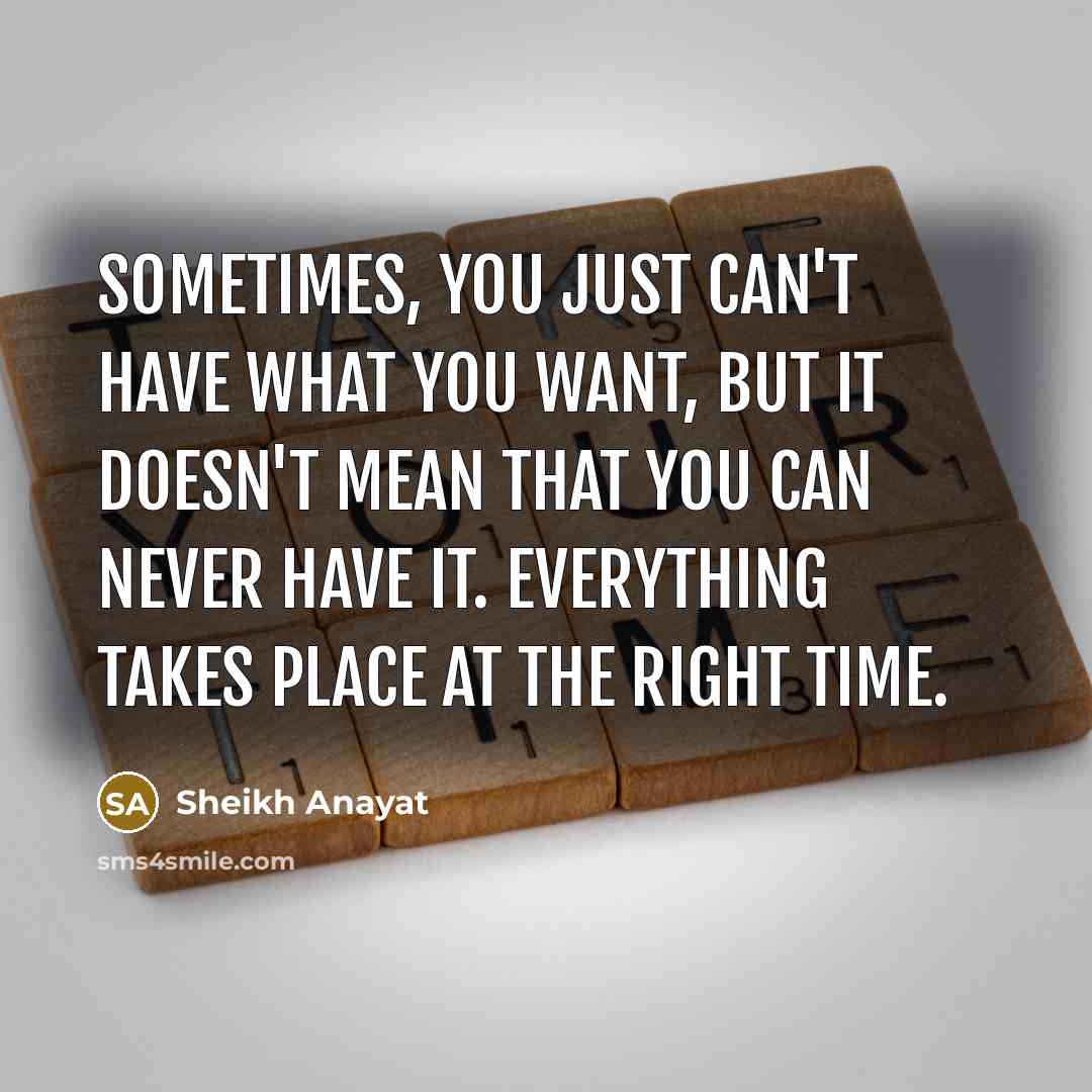“Sometimes, you just can't have what you want, but it doesn't mean that you can never have it. Everything takes place at the right time.” quote by Sheikh Anayat