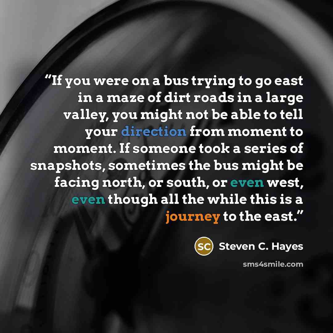 “If you were on a bus trying to go east in a maze of dirt roads in a large valley, you might not be able to tell your direction from moment to moment. If someone took a series of snapshots, sometimes the bus might be facing north, or south, or even west, even though all the while this is a journey…” quote by Steven C. Hayes