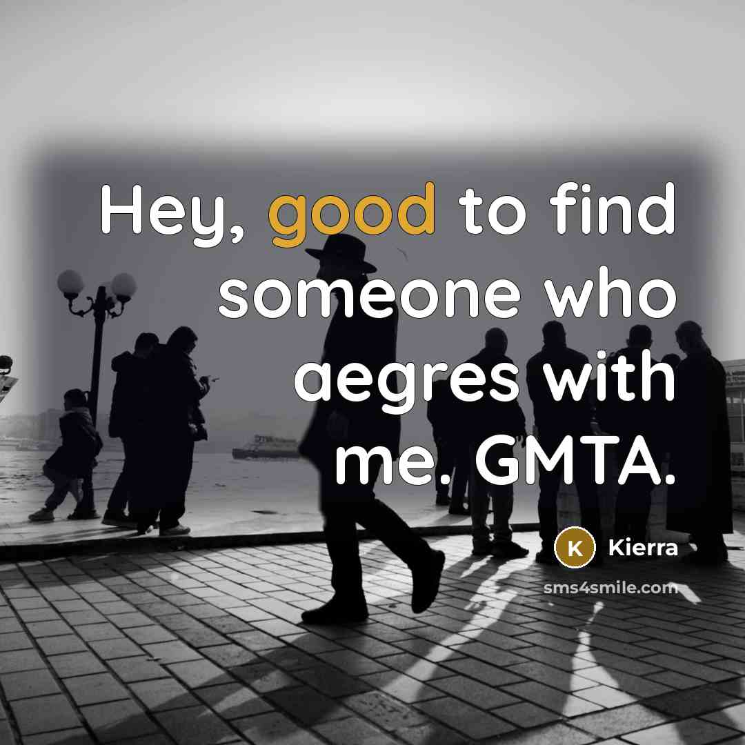 “Hey, good to find someone who aegres with me. GMTA.” quote by Kierra