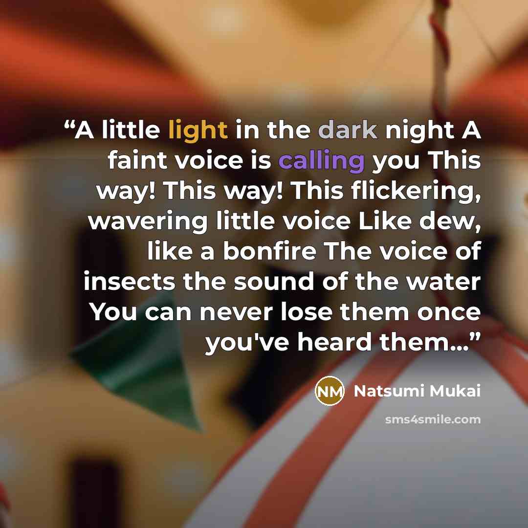 “A little light in the dark night A faint voice is calling you This way! This way! This flickering, wavering little voice Like dew, like a bonfire The voice of insects the sound of the water You can never lose them once you've heard them...” quote by Natsumi Mukai