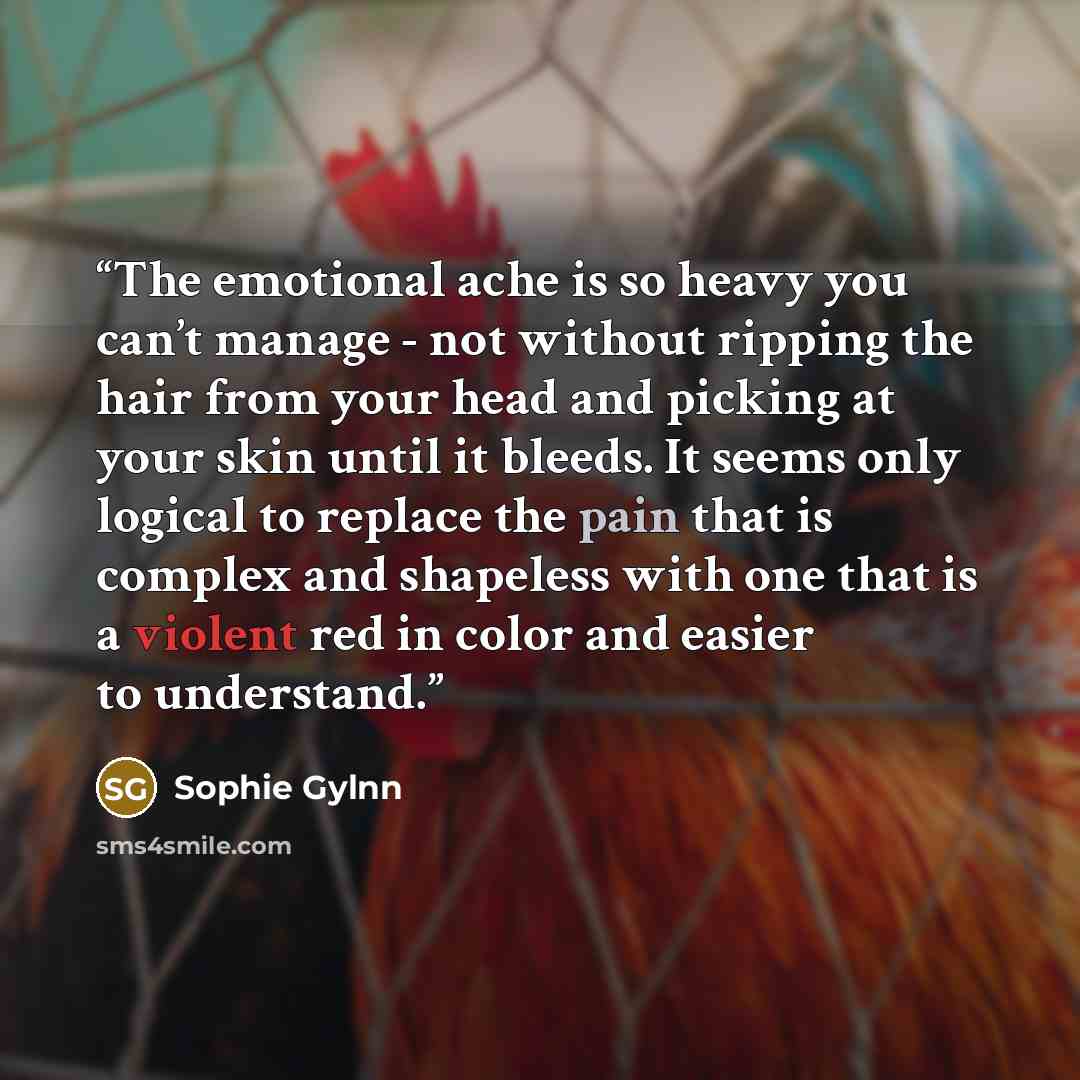 “The emotional ache is so heavy you can’t manage - not without ripping the hair from your head and picking at your skin until it bleeds. It seems only logical to replace the pain that is complex and shapeless with one that is a violent red in color and easier to understand.” quote by Sophie Gylnn