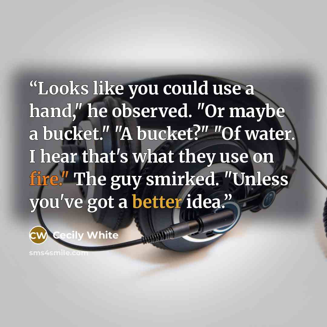 “Looks like you could use a hand," he observed. "Or maybe a bucket." "A bucket?" "Of water. I hear that's what they use on fire." The guy smirked. "Unless you've got a better idea.” quote by Cecily White