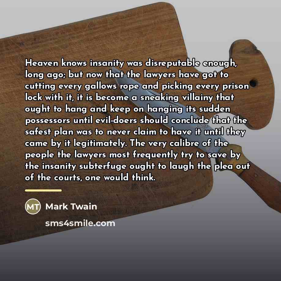 “Heaven knows insanity was disreputable enough, long ago; but now…” quote by Mark Twain