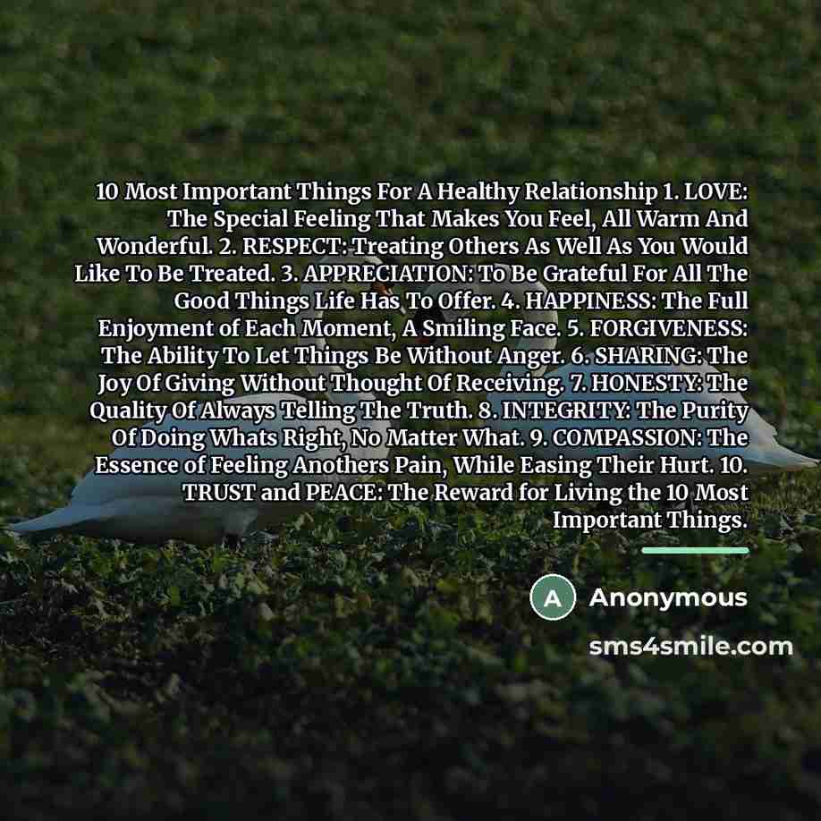 “10 Most Important Things For A Healthy Relationship 1. LOVE:…” quote by Anonymous