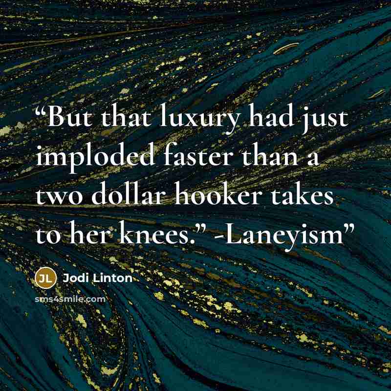 “But that luxury had just imploded faster than a two dollar hooker takes to her knees.” -Laneyism” quote by Jodi Linton