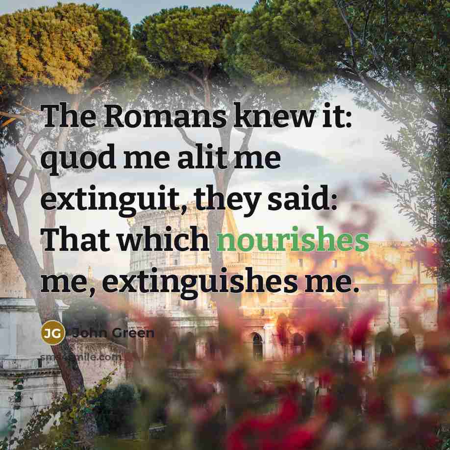 “The Romans knew it: quod me alit me extinguit, they said: That which nourishes me, extinguishes me.” quote by John Green