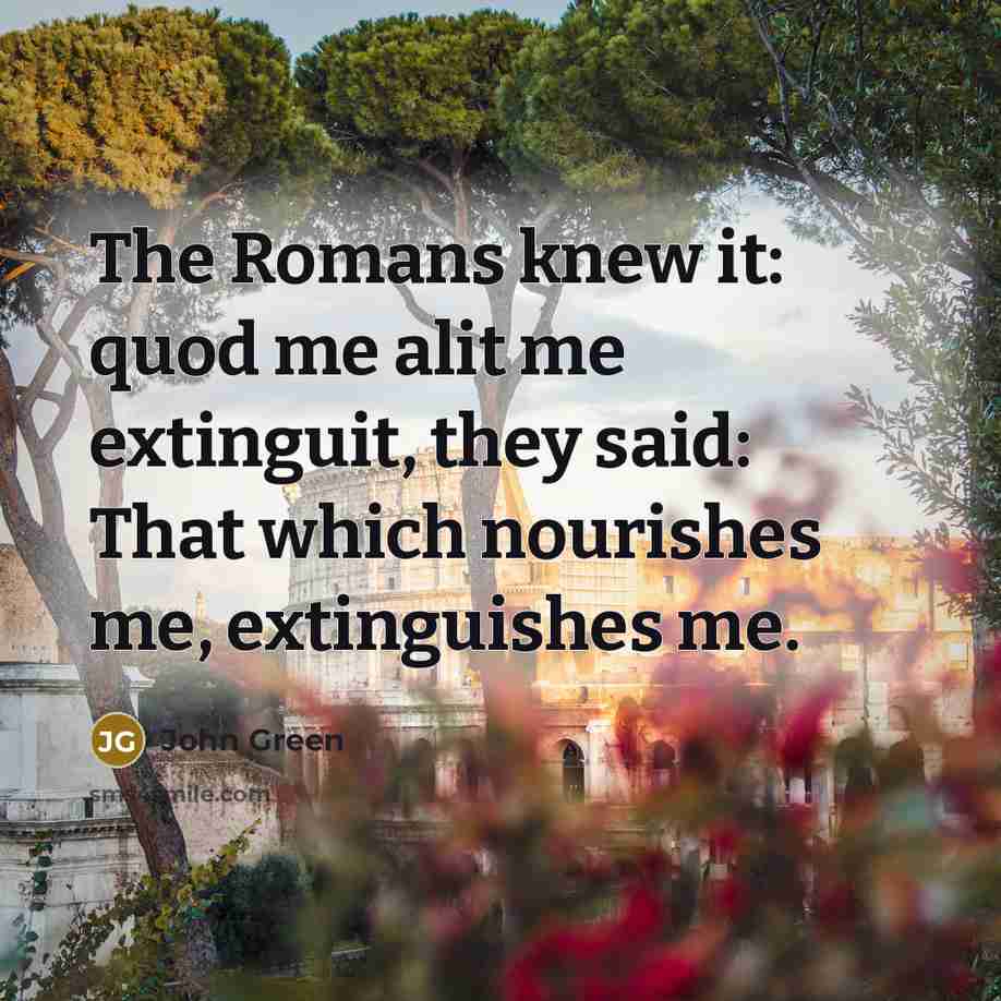 “The Romans knew it: quod me alit me extinguit, they…” quote by John Green