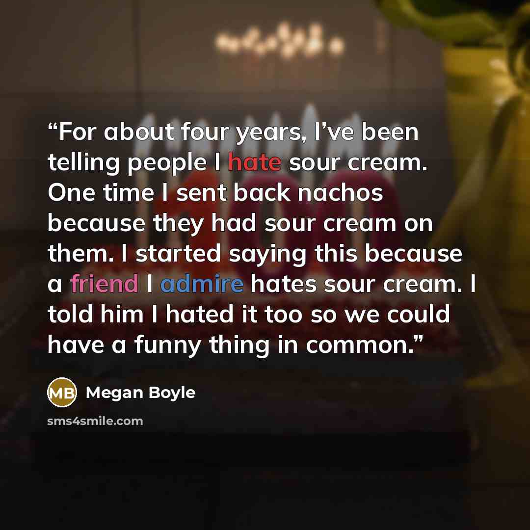 “For about four years, I’ve been telling people I hate sour cream. One time I sent back nachos because they had sour cream on them. I started saying this because a friend I admire hates sour cream. I told him I hated it too so we could have a funny thing in common.” quote by Megan Boyle