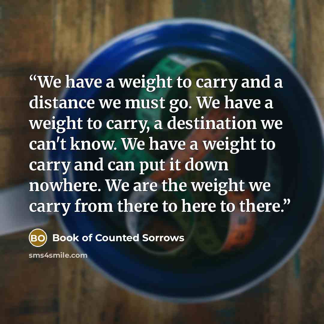 “We have a weight to carry and a distance we must go. We have a weight to carry, a destination we can't know. We have a weight to carry and can put it down nowhere. We are the weight we carry from there to here to there.” quote by Book of Counted Sorrows