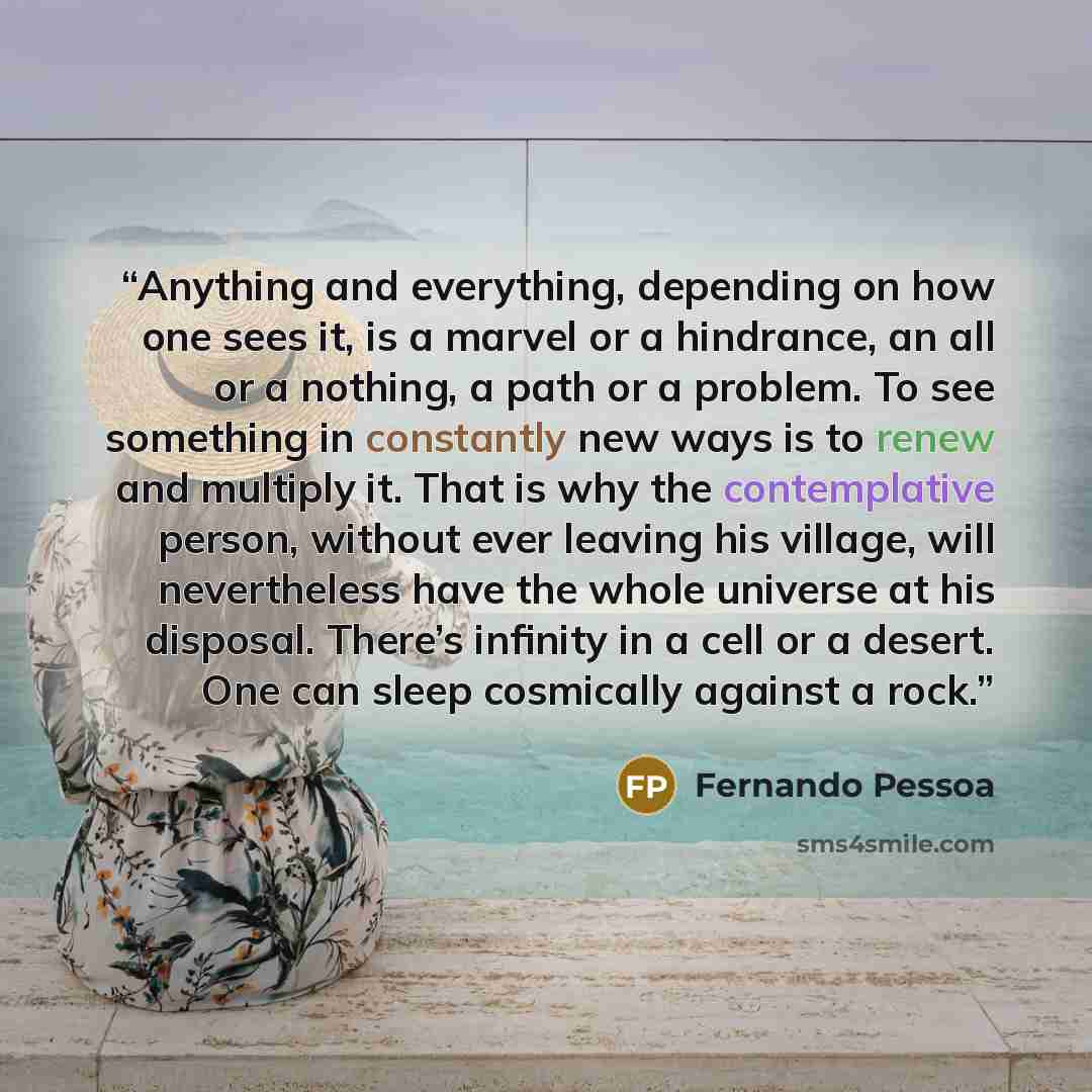 “Anything and everything, depending on how one sees it, is a marvel or a hindrance, an all or a nothing, a path or a problem. To see something in constantly new ways is to renew and multiply it. That is why the contemplative person, without ever leaving his village, will nevertheless have the whole…” quote by Fernando Pessoa