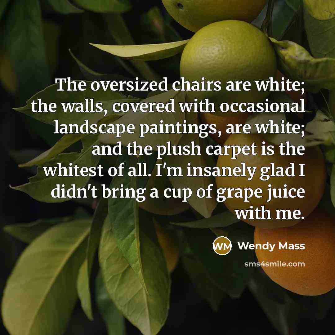 “The oversized chairs are white; the walls, covered with occasional…” quote by Wendy Mass