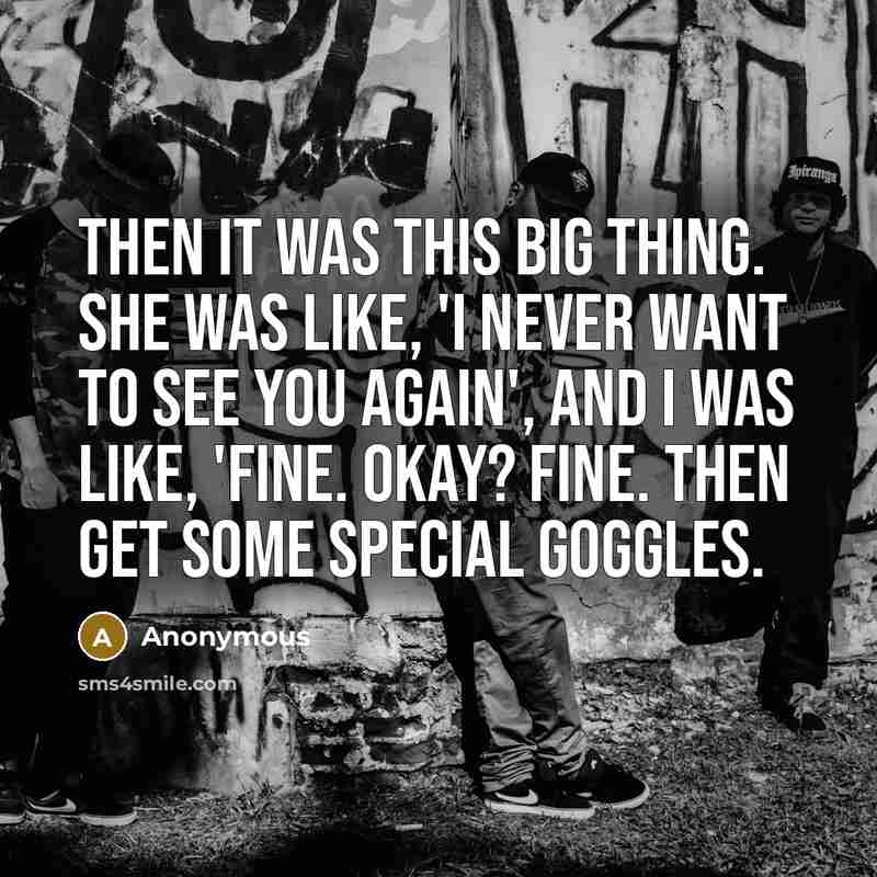 “Then it was this big thing. She was like, 'I never want to see you again', and I was like, 'Fine. Okay? Fine. Then get some special goggles.” quote by Anonymous