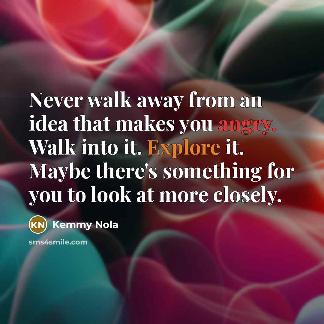 “Never walk away from an idea that makes you angry. Walk into it. Explore it. Maybe there's something for you to look at more closely.” quote by Kemmy Nola