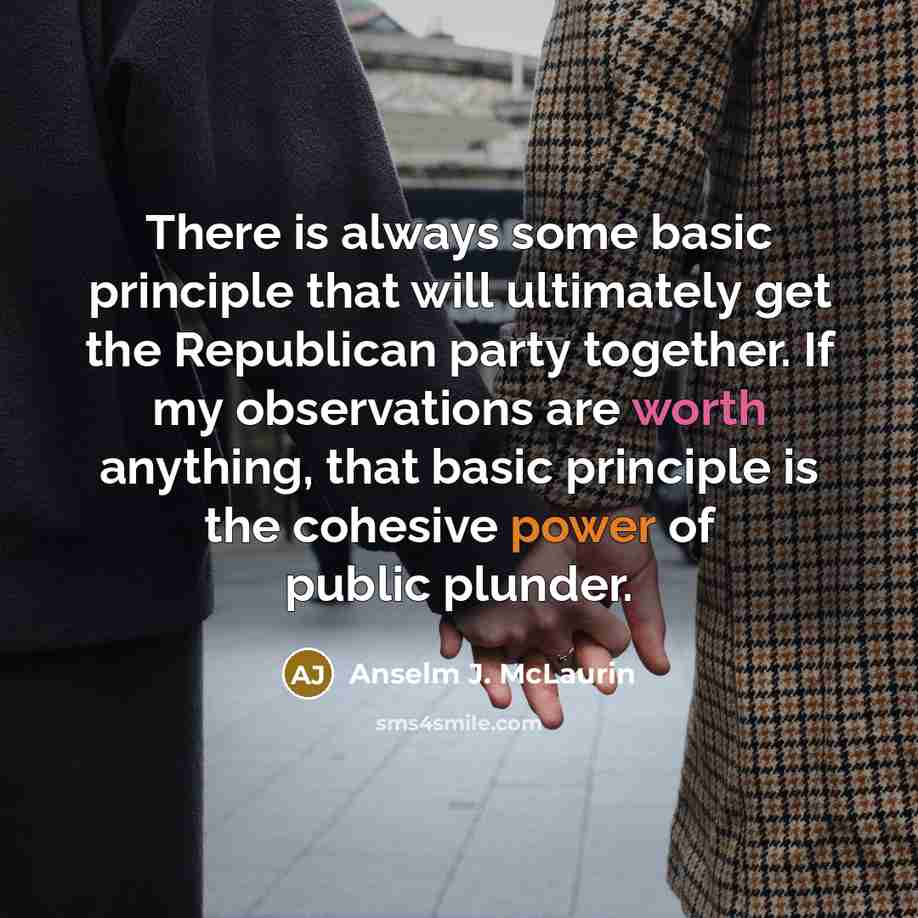 “There is always some basic principle that will ultimately get the Republican party together. If my observations are worth anything, that basic principle is the cohesive power of public plunder.” quote by Anselm J. McLaurin