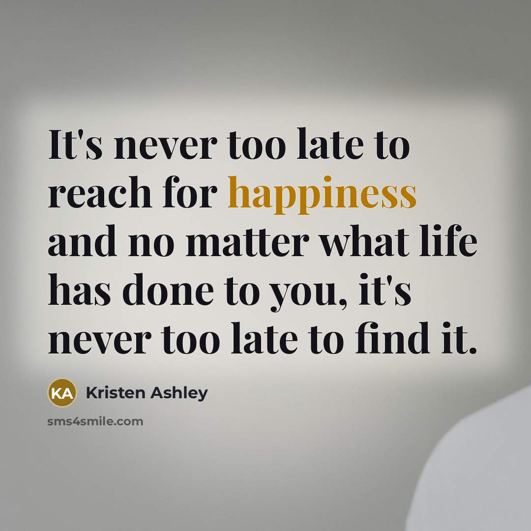 “It's never too late to reach for happiness and no…” quote by Kristen Ashley