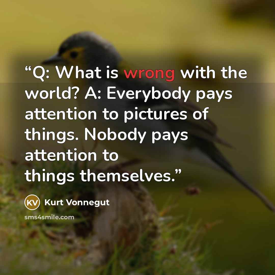 “Q: What is wrong with the world? A: Everybody pays attention to pictures of things. Nobody pays attention to things themselves.” quote by Kurt Vonnegut