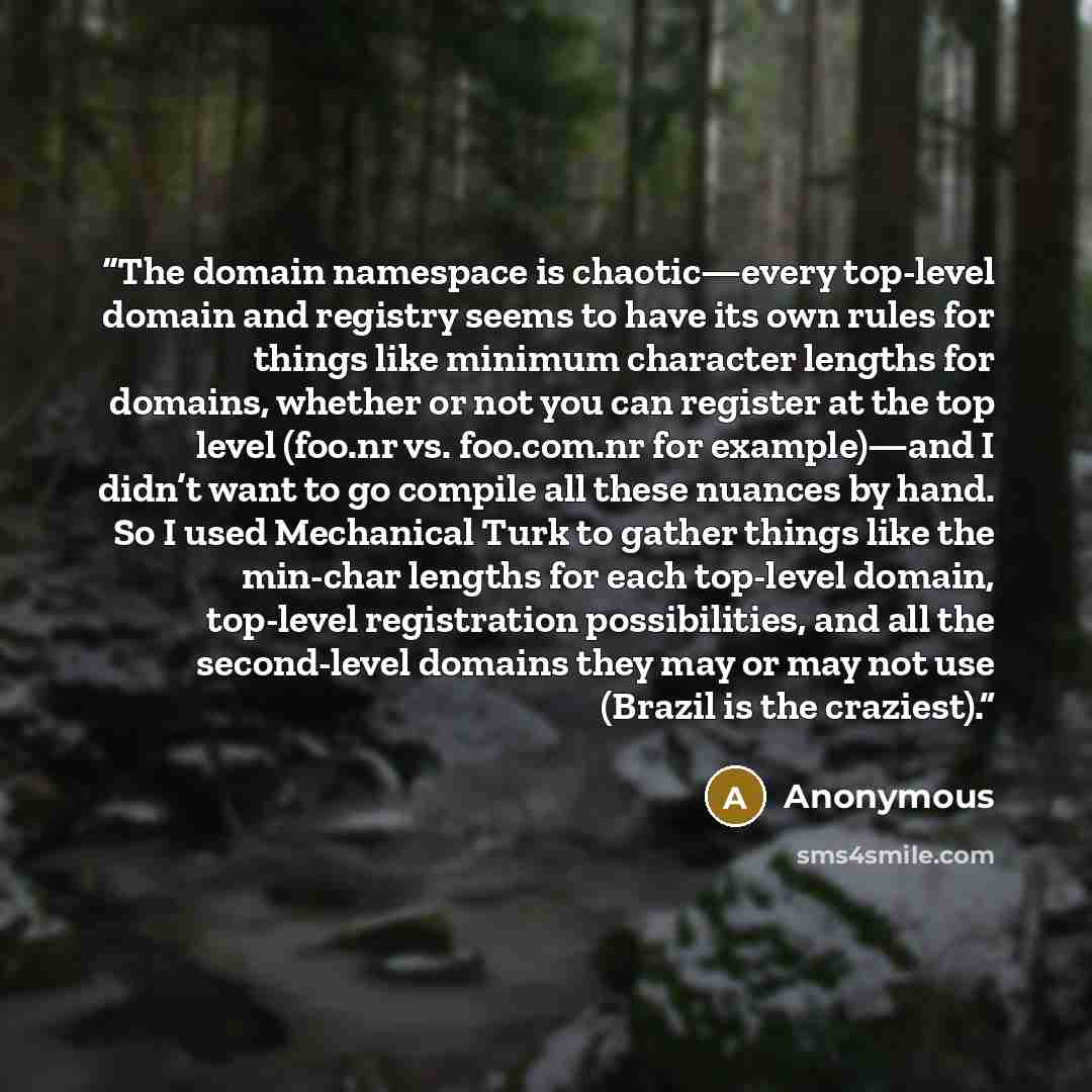 “The domain namespace is chaotic—every top-level domain and registry seems to have its own rules for things like minimum character lengths for domains, whether or not you can register at the top level (foo.nr vs. foo.com.nr for example)—and I didn’t want to go compile all these nuances by hand. So…” quote by Anonymous