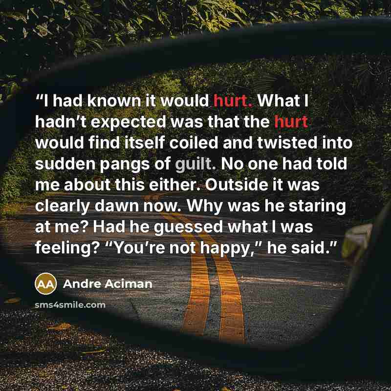 “I had known it would hurt. What I hadn’t expected was that the hurt would find itself coiled and twisted into sudden pangs of guilt. No one had told me about this either. Outside it was clearly dawn now. Why was he staring at me? Had he guessed what I was feeling? “You’re not happy,” he said.” quote by André Aciman