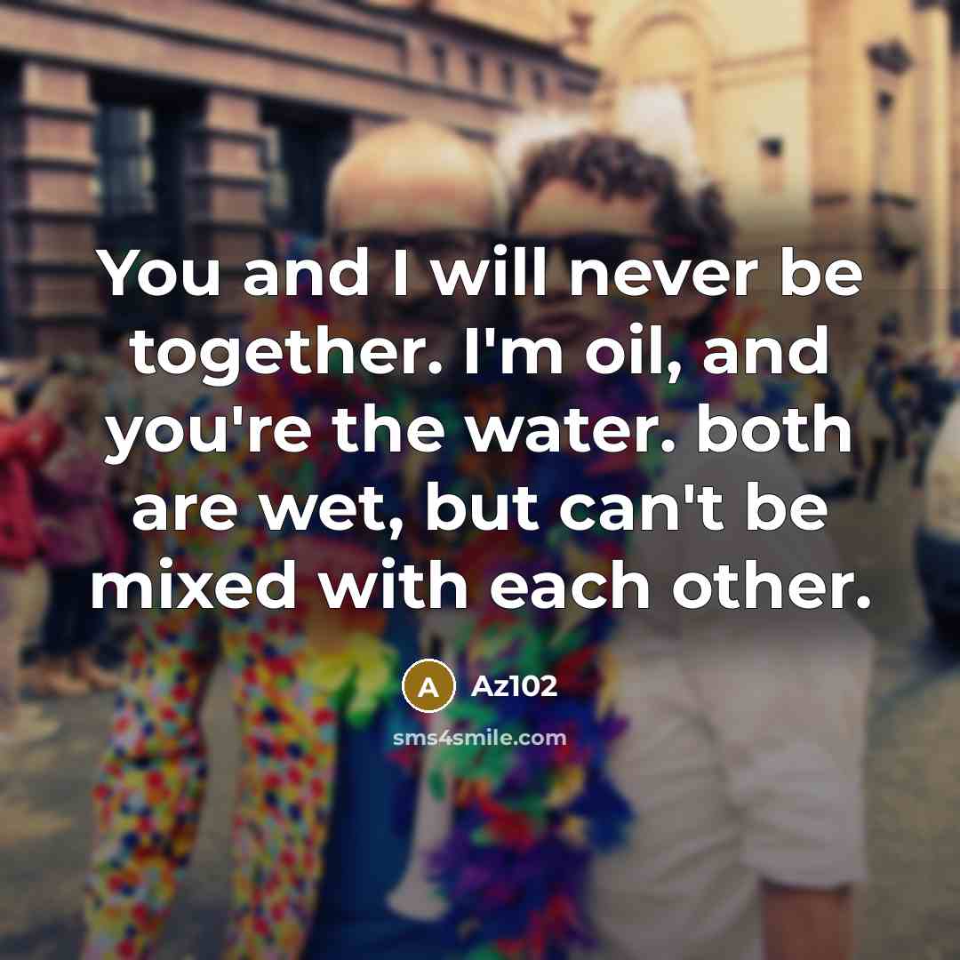 “You and I will never be together. I'm oil, and you're the water. both are wet, but can't be mixed with each other.” quote by Az102