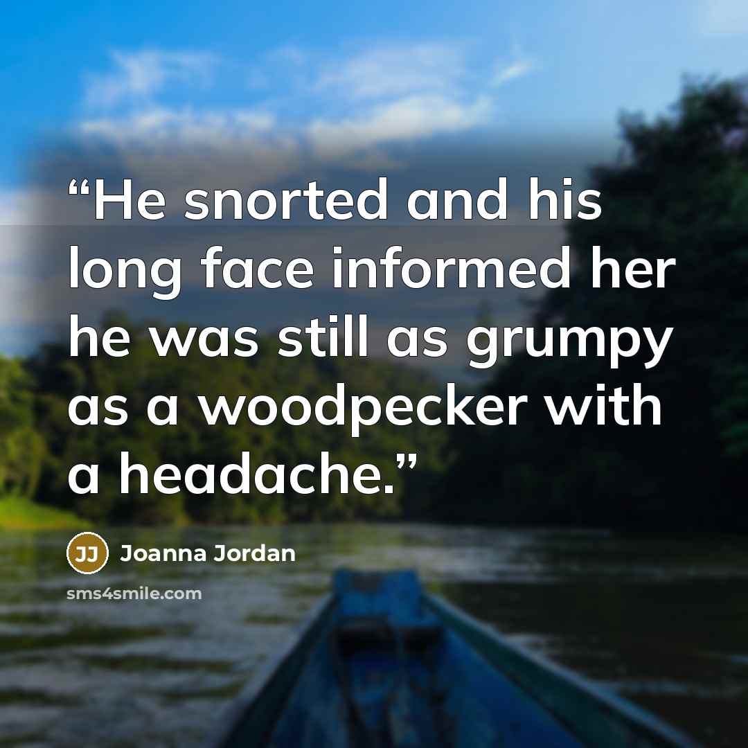 “He snorted and his long face informed her he was still as grumpy as a woodpecker with a headache.” quote by Joanna Jordan