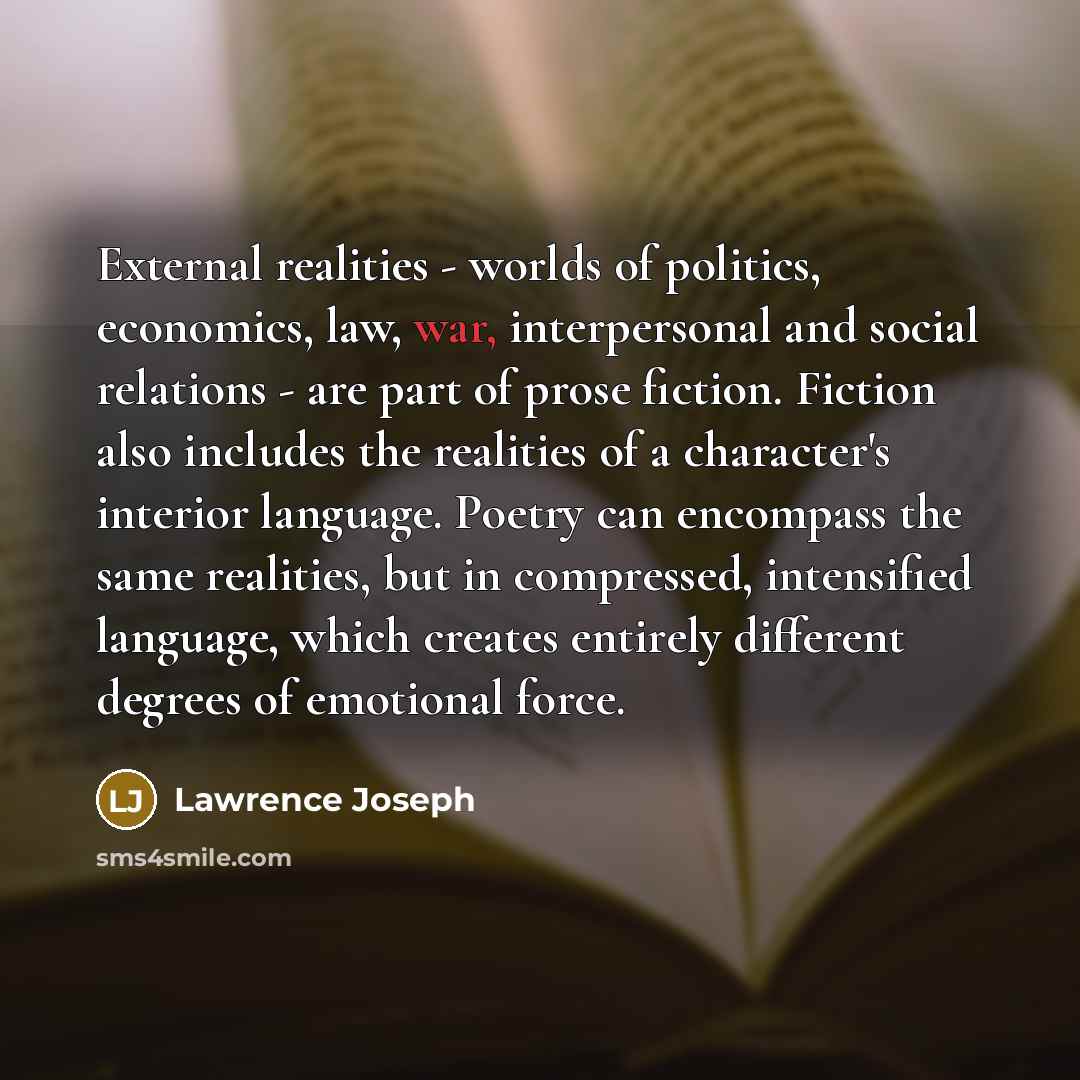“External realities - worlds of politics, economics, law, war, interpersonal…” quote by Lawrence Joseph