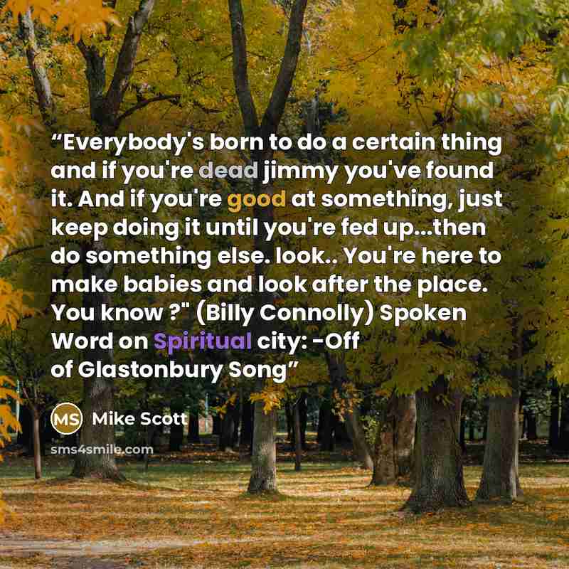 “Everybody's born to do a certain thing and if you're dead jimmy you've found it. And if you're good at something, just keep doing it until you're fed up...then do something else. look.. You're here to make babies and look after the place. You know ?" (Billy Connolly) Spoken Word on Spiritual city…” quote by Mike Scott