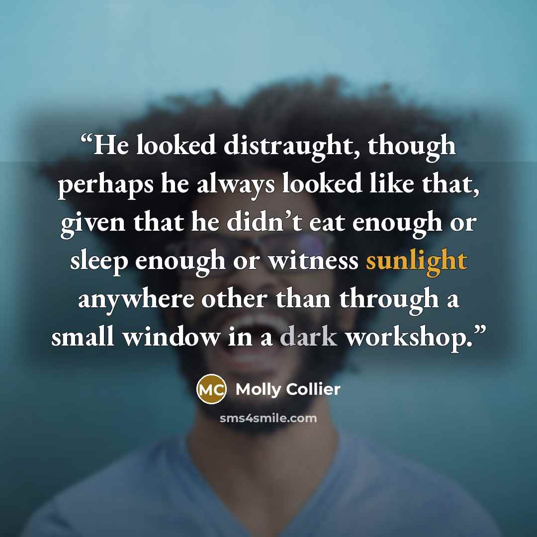 “He looked distraught, though perhaps he always looked like that, given that he didn’t eat enough or sleep enough or witness sunlight anywhere other than through a small window in a dark workshop.” quote by Molly Collier