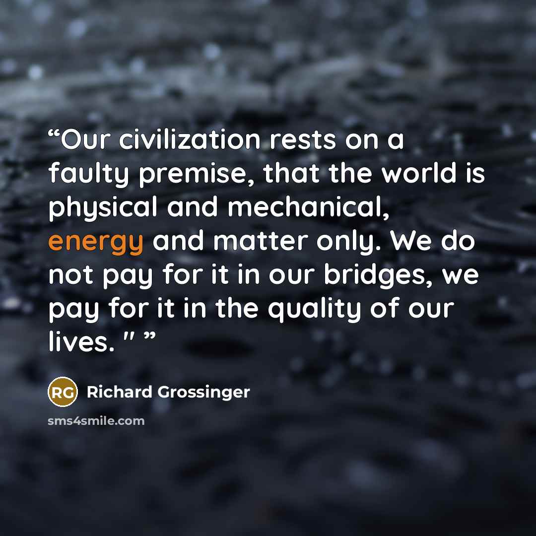 “Our civilization rests on a faulty premise, that the world is physical and mechanical, energy and matter only. We do not pay for it in our bridges, we pay for it in the quality of our lives. "” quote by Richard Grossinger