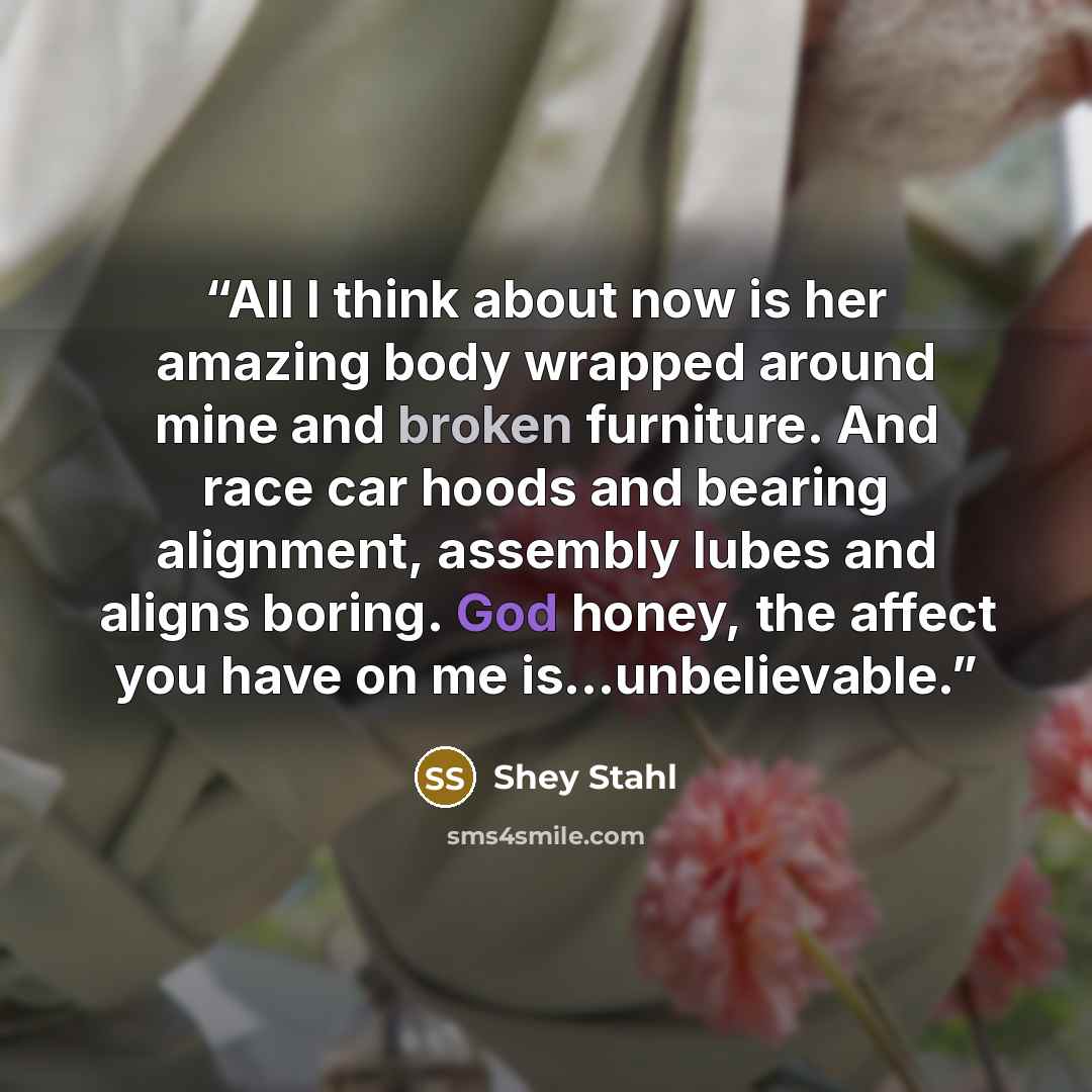 “All I think about now is her amazing body wrapped around mine and broken furniture. And race car hoods and bearing alignment, assembly lubes and aligns boring. God honey, the affect you have on me is…unbelievable.” quote by Shey Stahl