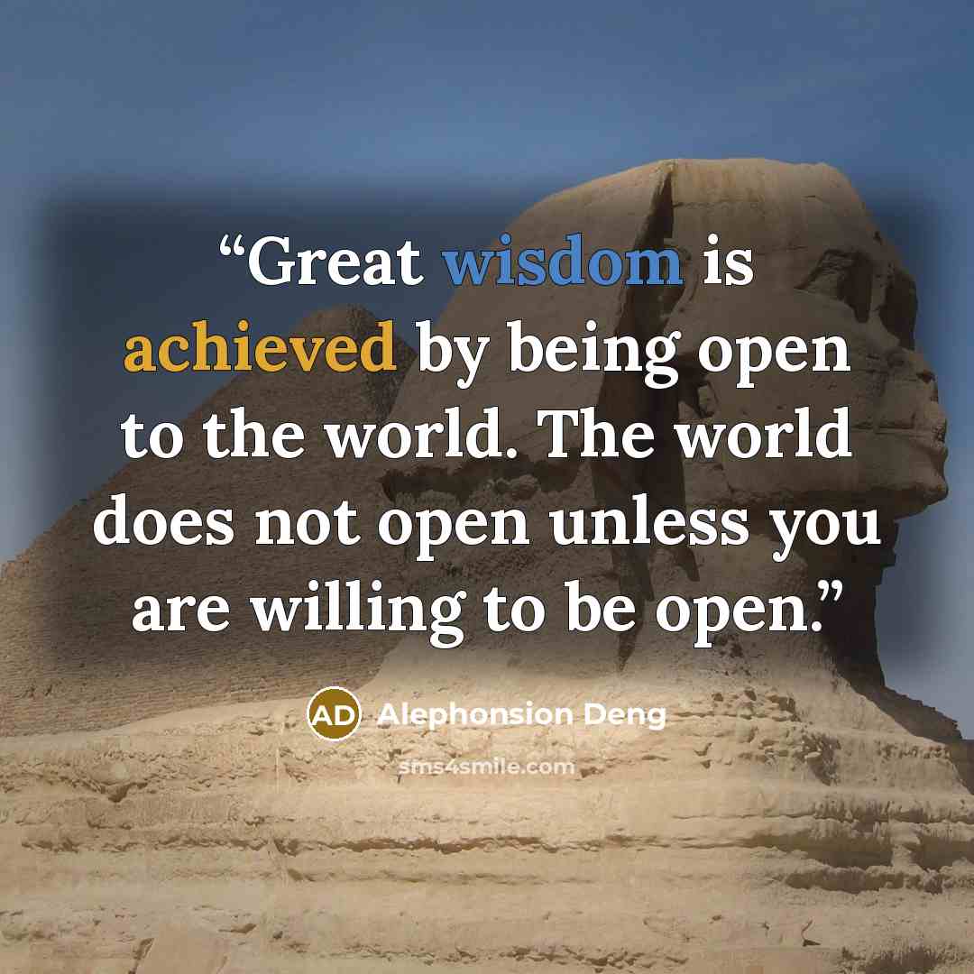 “Great wisdom is achieved by being open to the world. The world does not open unless you are willing to be open.” quote by Alephonsion Deng