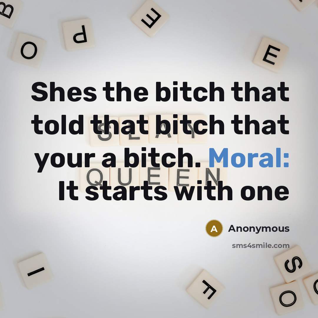 “Shes the bitch that told that bitch that your a bitch. Moral: It starts with one” quote by Anonymous