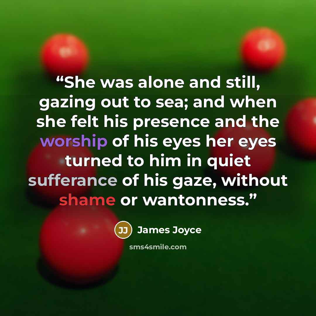 “She was alone and still, gazing out to sea; and when she felt his presence and the worship of his eyes her eyes turned to him in quiet sufferance of his gaze, without shame or wantonness.” quote by James Joyce